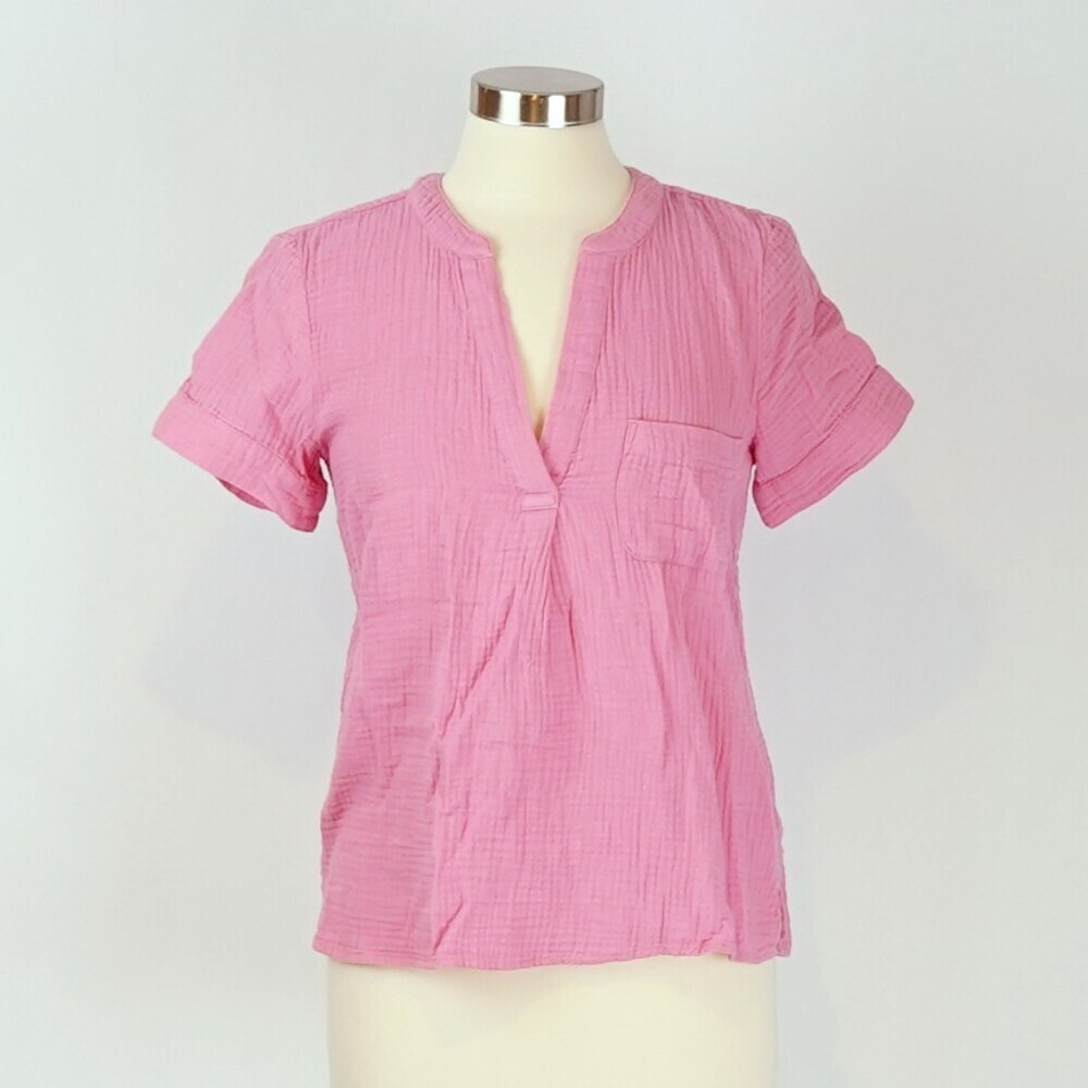 J Crew V-neck Double Gauze Popover Short Sleeve Blouse Bubblegum Pink - Size XS